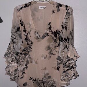 Calvin Klein Floral Ruffle Sleeve Blouse - Cream and Black